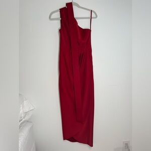 TED BAKER LONDON red one shoulder mid length dress with tie waist
